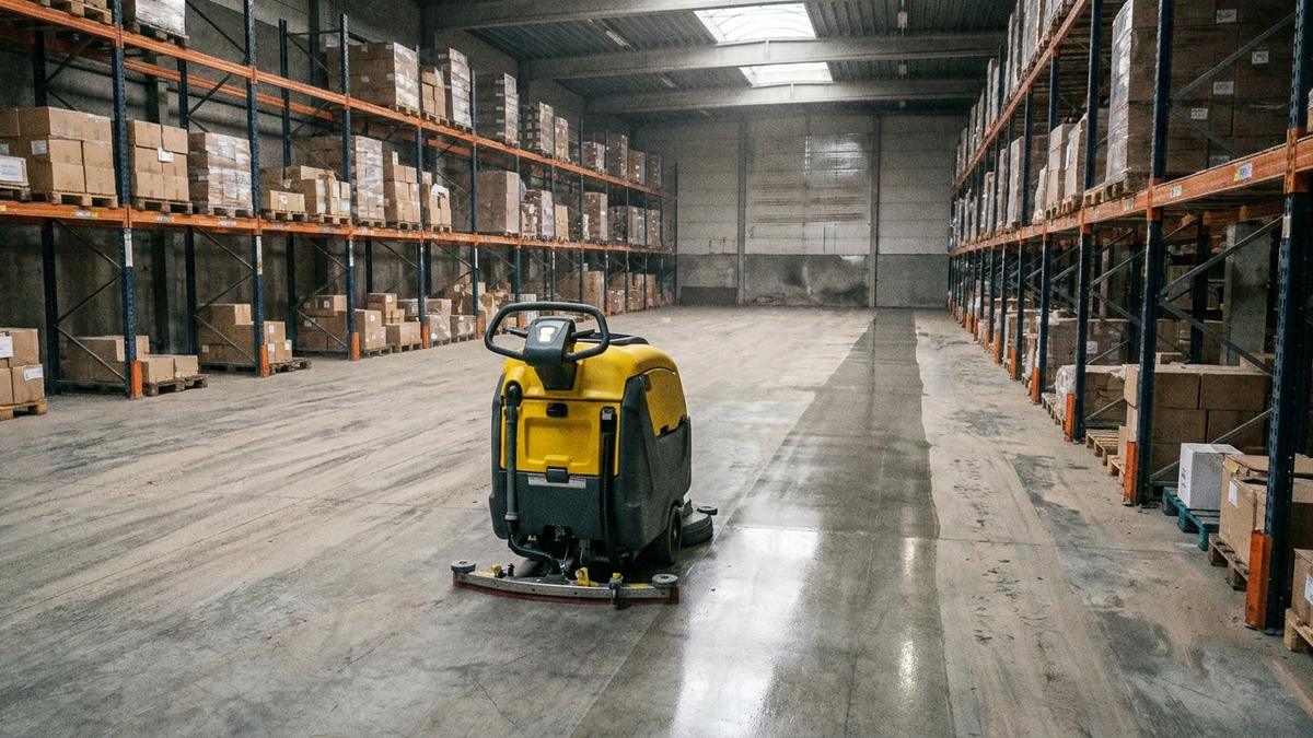 Schrobzuigmachine trekt een glanzend schone baan door een magazijnvloer