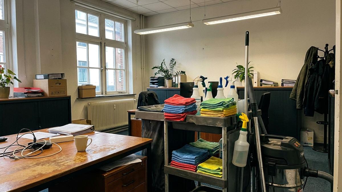 Professionele schoonmaaktrolley met kleurgecodeerde doeken in een Maastrichts kantoor