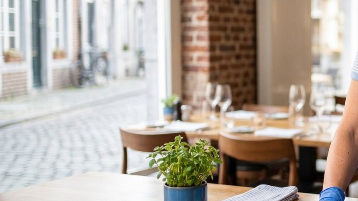 Night cleaning in a Maastricht grand café — chairs up, floor half mopped to a shine