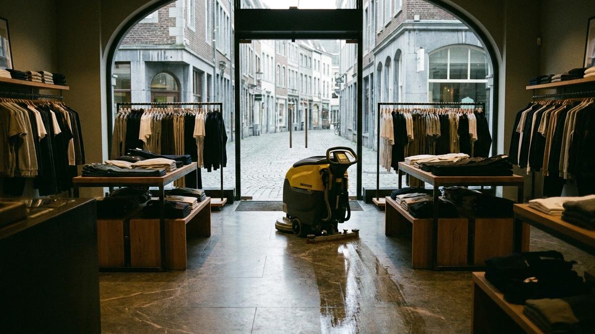 Schrobzuigmachine trekt een schoon spoor door een Maastrichtse boetiek