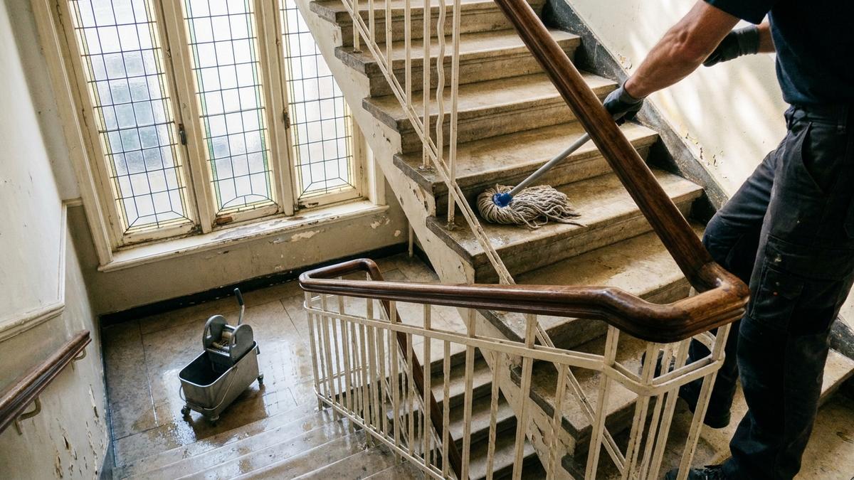 Trappenhuis wordt gedweild — emmer op de overloop, natte glans op de stenen treden