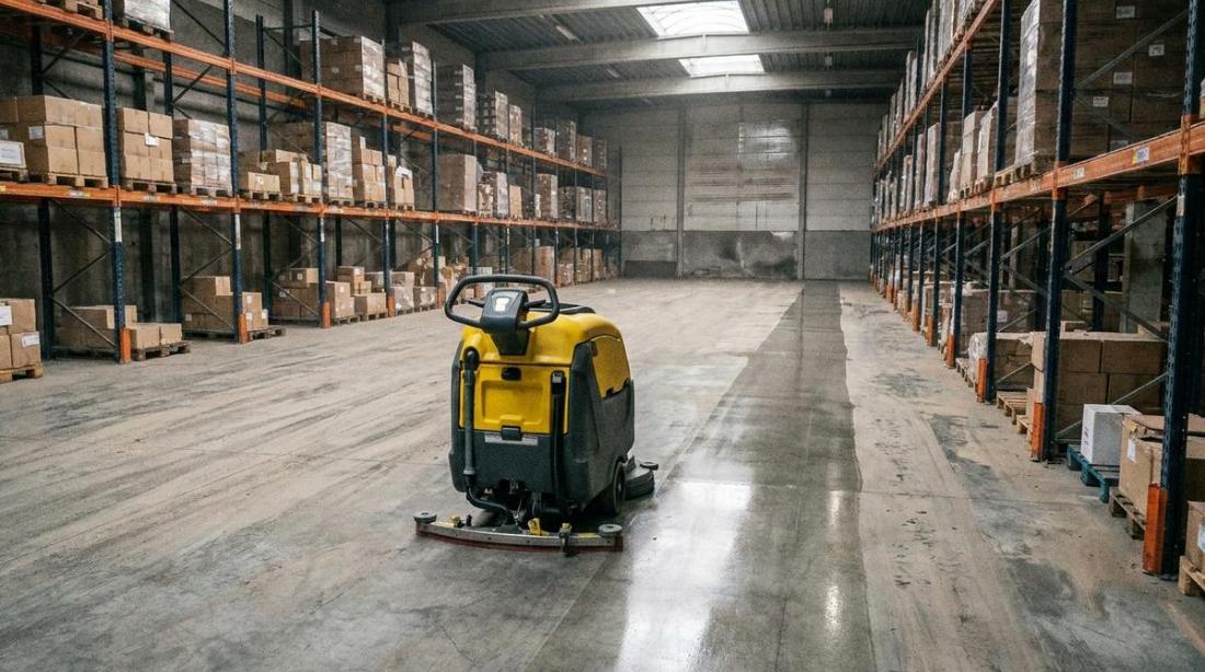 A cleaner working a large hard floor with professional equipment