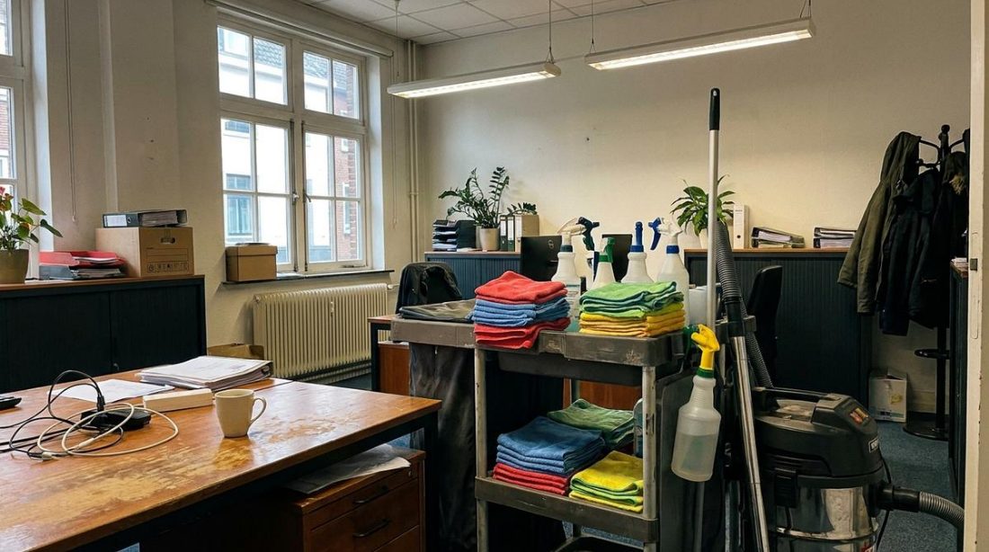 An office in use, desks occupied and the floor clear