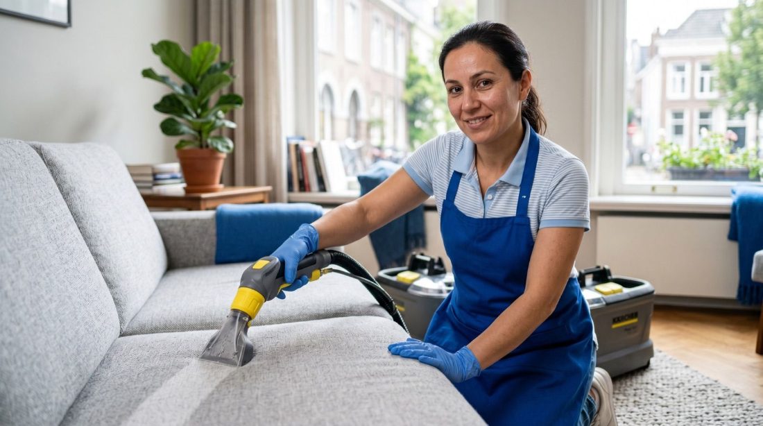 A cleaner drawing an upholstery extraction tool across a grey sofa