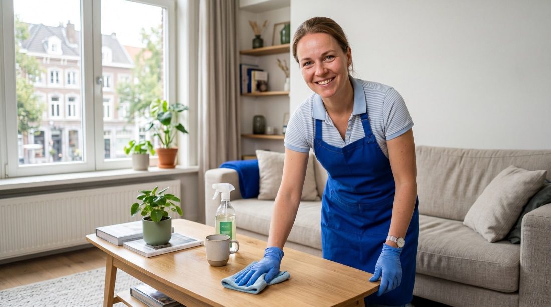 Een schoonmaker neemt snel een tafel af in een woonkamer met een bank erachter