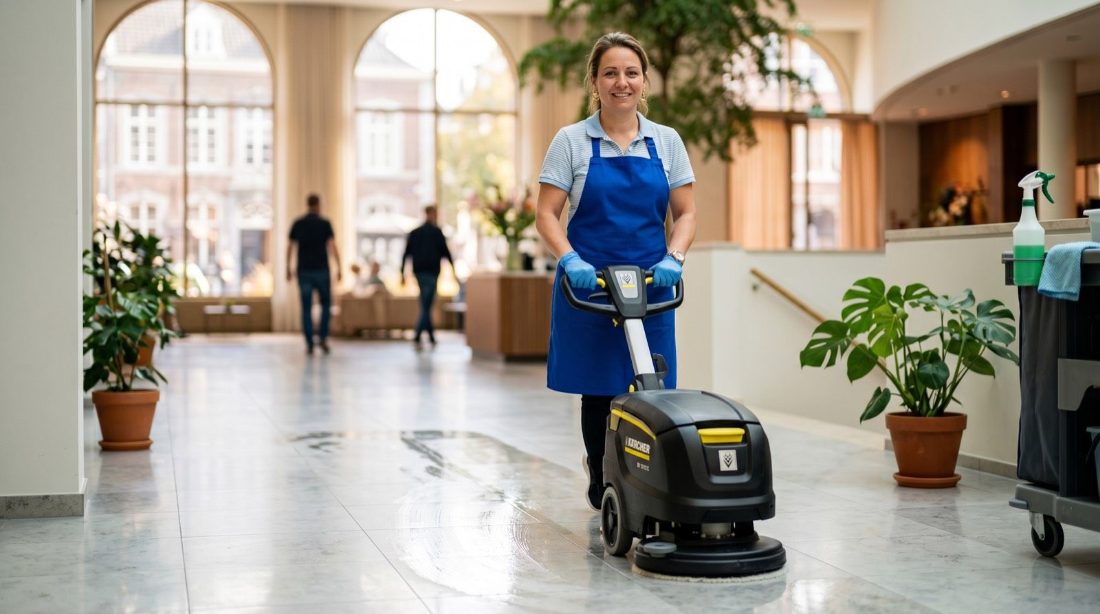 Een schoonmaker werkt met een schrobmachine door een grote betegelde hal