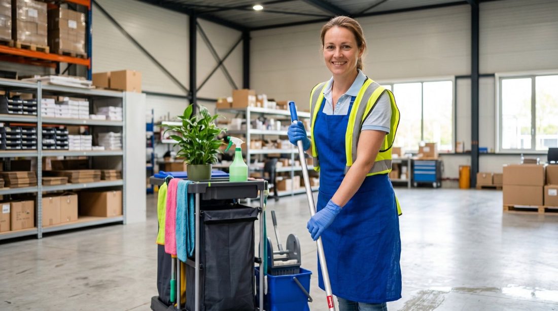 A cleaner with a mop trolley in an industrial unit with racking behind