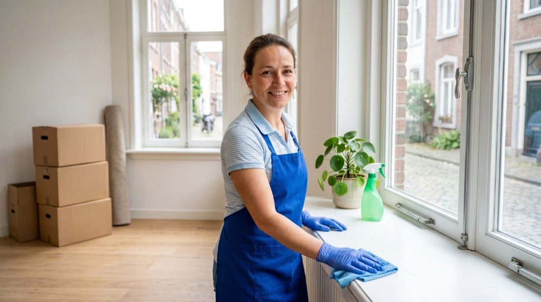 A cleaner wiping a windowsill in an emptied flat, moving boxes stacked behind her