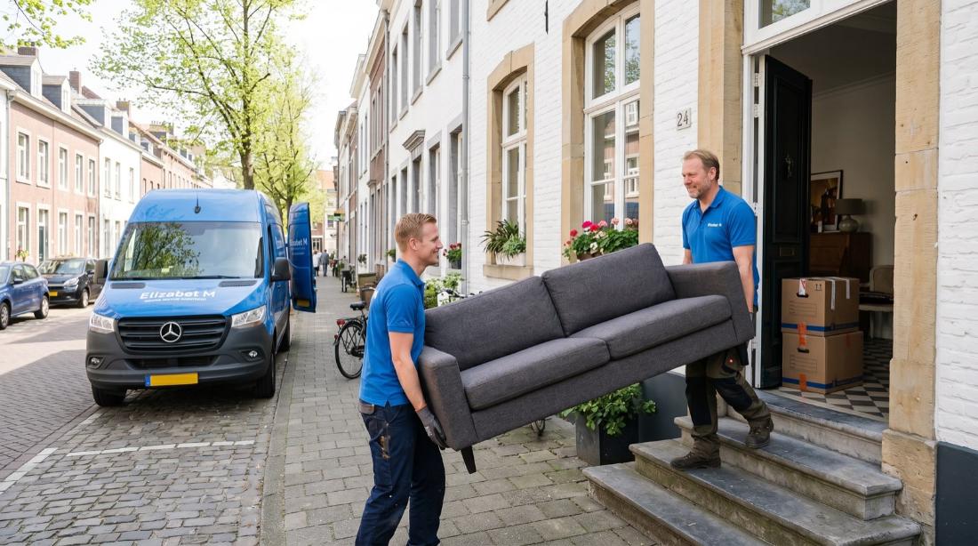 Twee mensen dragen een bank naar een bus in een natte Nederlandse straat