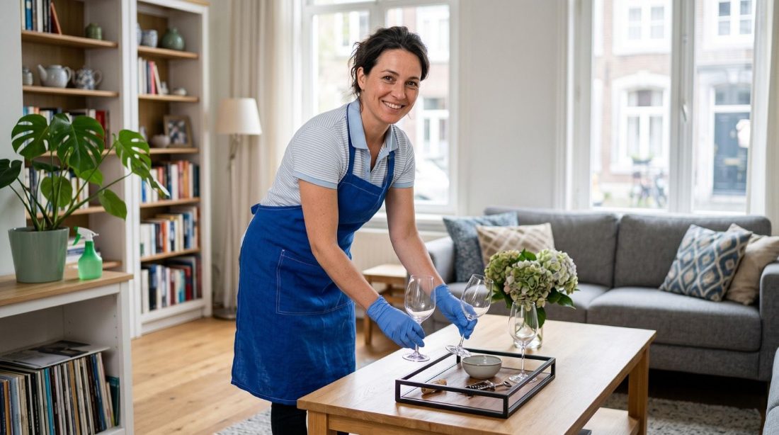 A cleaner clearing and wiping a coffee table in a living room