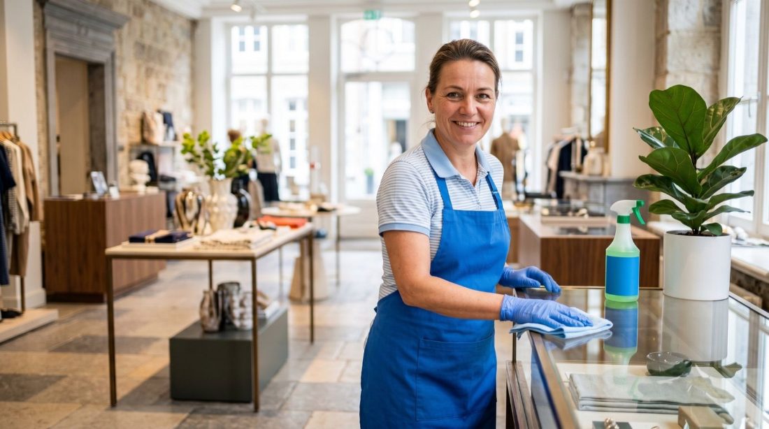 Een winkelvloer met schoon glas en een vrije entree