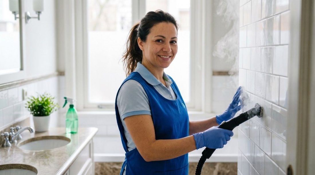 Een schoonmaker werkt met een stoomapparaat over een tegelvloer