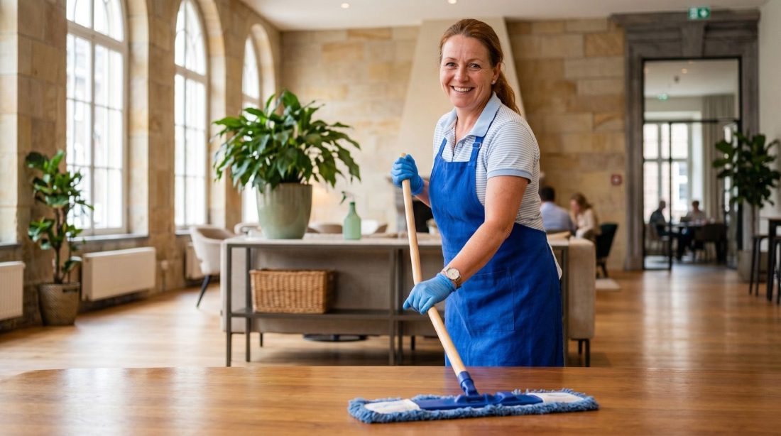Een schoonmaker dweilt een houten vloer in een lichte hal