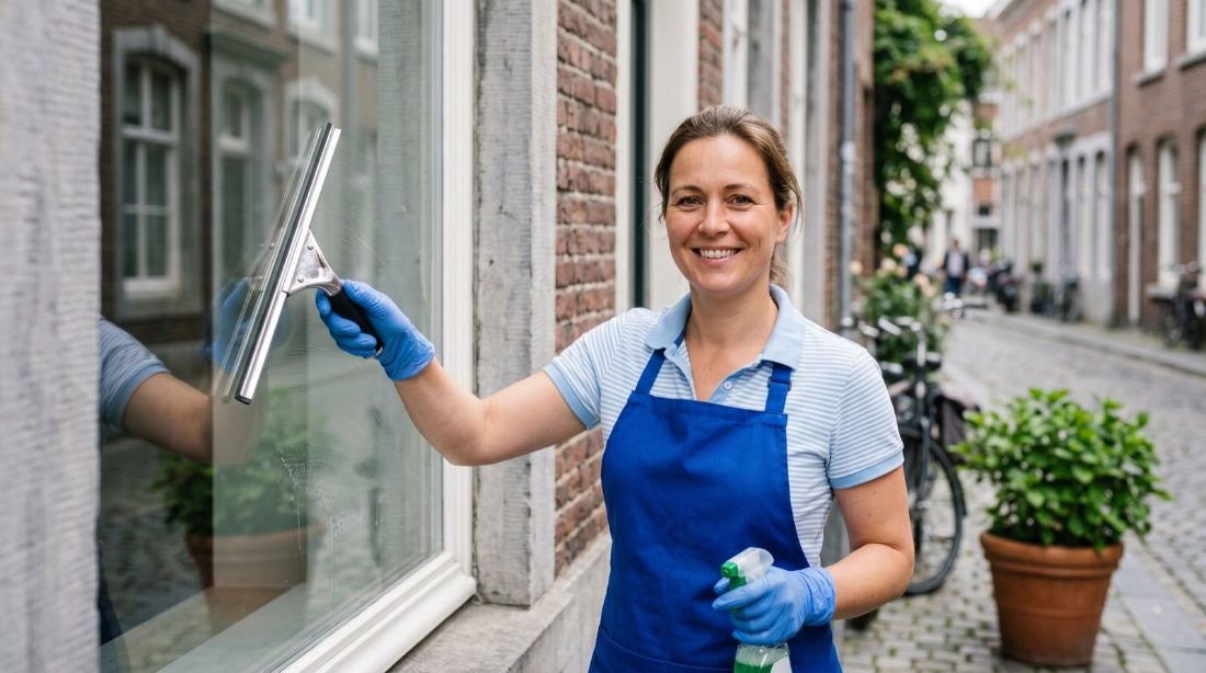 A cleaner drawing a squeegee down a window in a Maastricht street