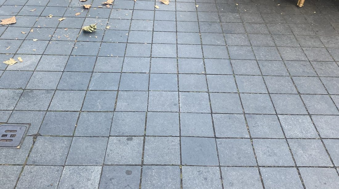 Natte herfstbladeren op terrastegels naast een deur