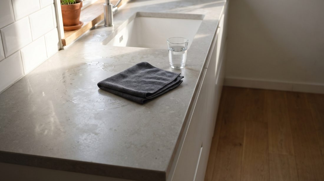 A bare kitchen worktop in an empty flat, with a folded cloth left on it