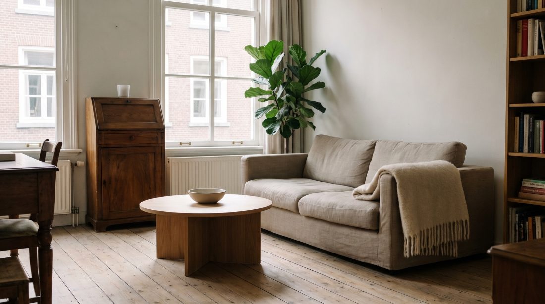 An empty living room with a sofa and a plant by the window