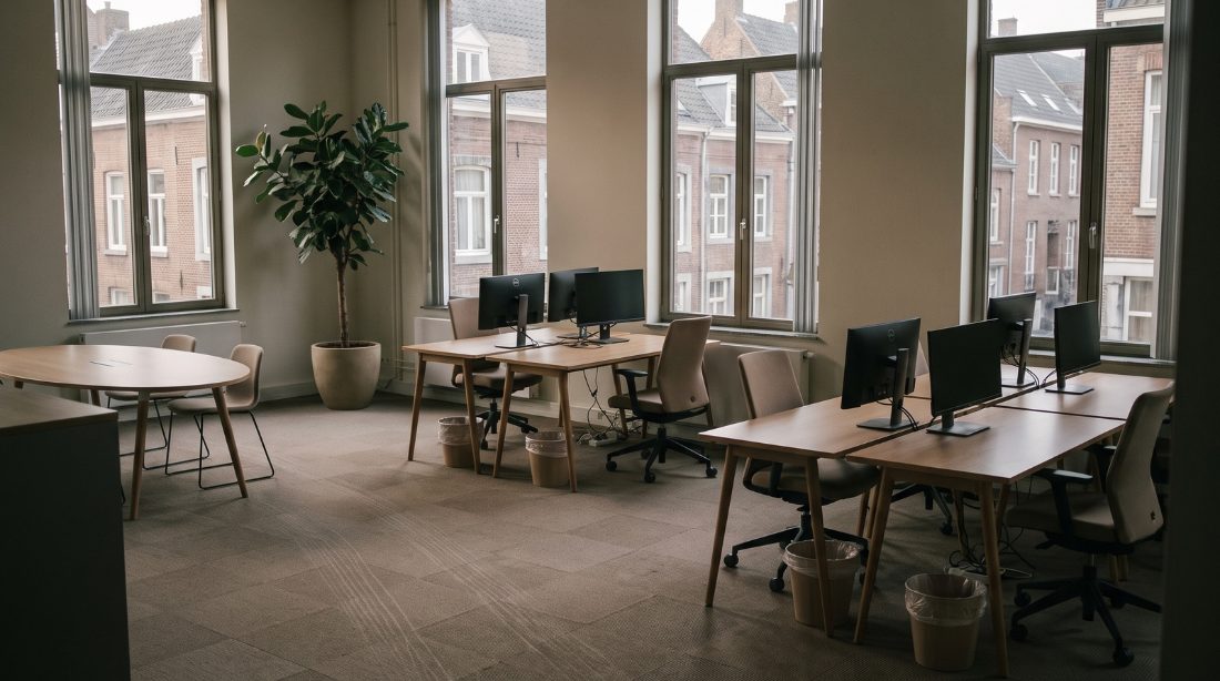 An empty room with desks and large windows, ready to be cleaned