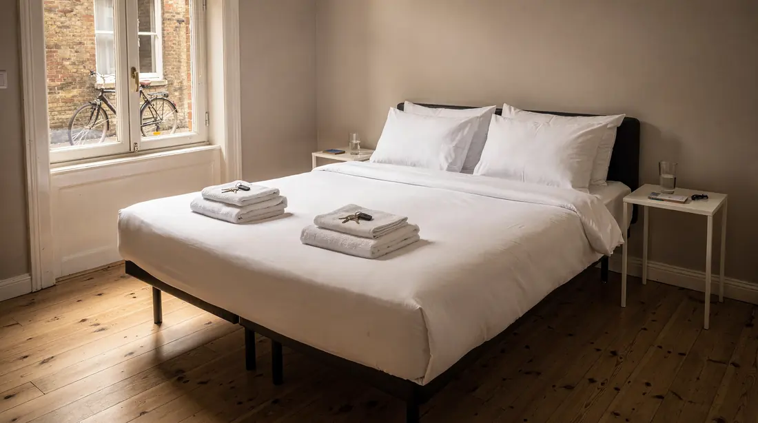 A guest bed made up with fresh linen and towels