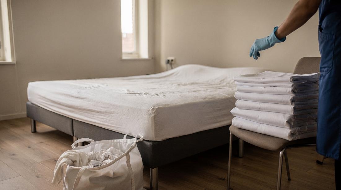 Wissel in uitvoering: gebruikt linnen in een zak op de vloer, verse gevouwen lakens op een stoel