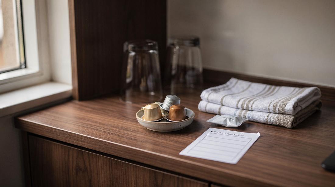 Welkomstopstelling wordt bijgevuld: koffiecups in een schaaltje, schone glazen, gevouwen theedoek