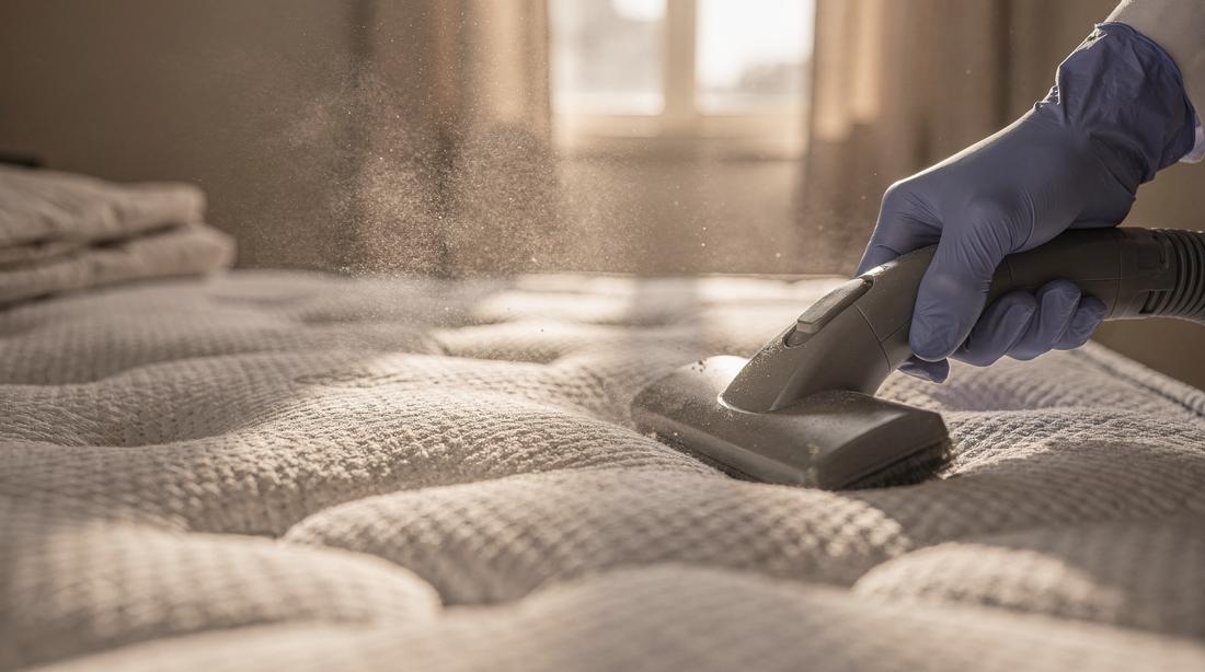 Matras wordt gestofzuigd met een HEPA-machine, fijn stof zichtbaar in een lage zonnestraal