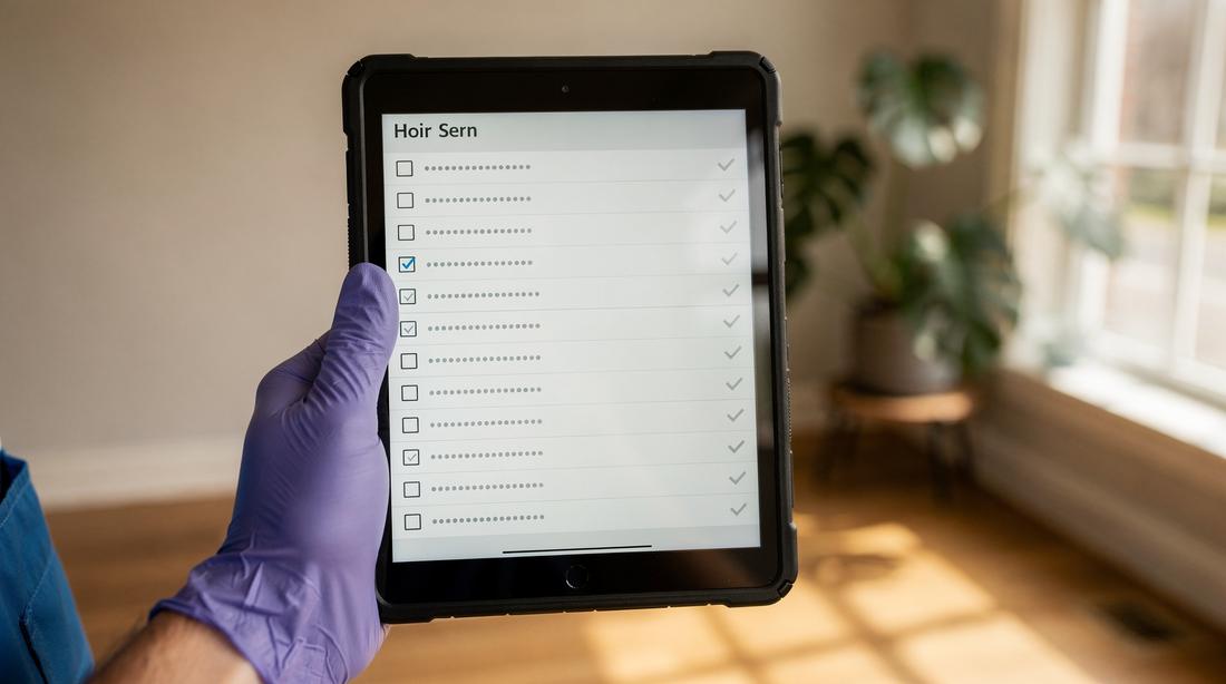 Gehandschoende hand houdt een tablet met een checklist per ruimte vast in een afgeronde, schone kamer