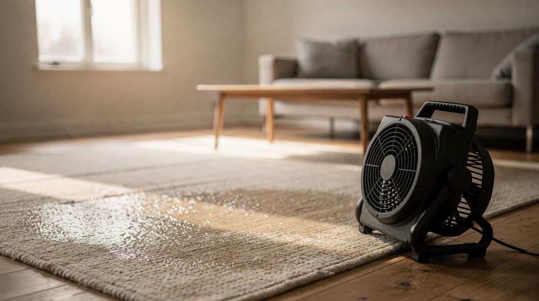 Gereinigd wollen vloerkleed droogt onder een blower in een opgeruimde woonkamer, meubels terug op hun plek