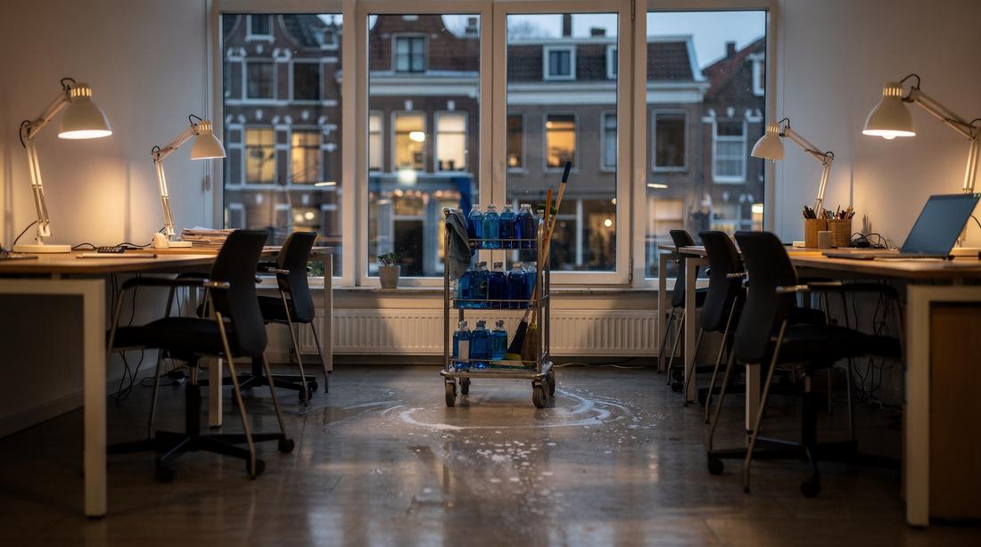 Small office being cleaned after hours, desk lamps on and the floor freshly mopped at dusk