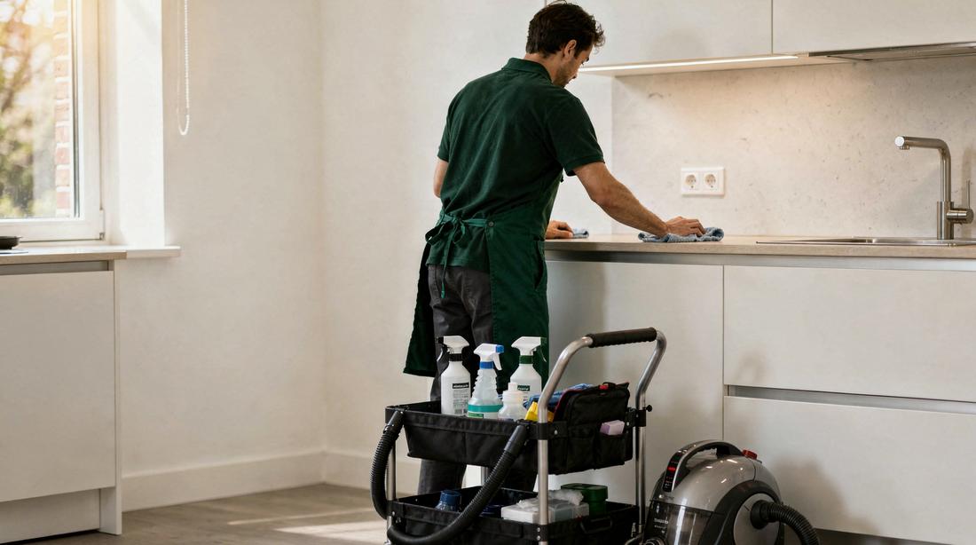 Cleaner in a work polo wiping a kitchen worktop in a Dutch home, equipment caddy and vacuum on the floor beside them