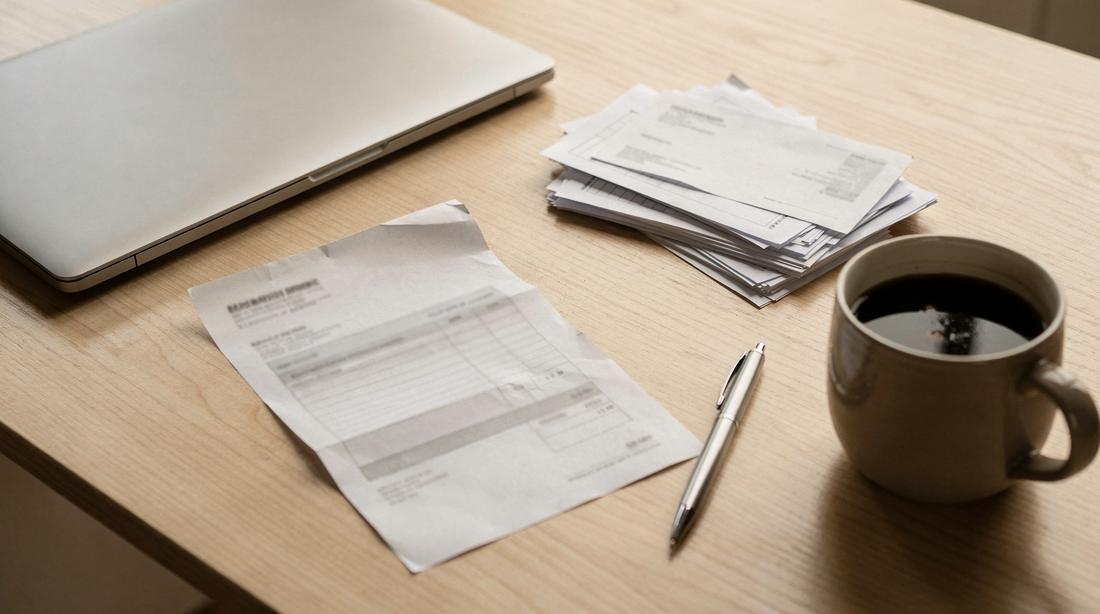 Printed invoice and paperwork on a kitchen table beside a laptop, pen and a cup of coffee in morning light
