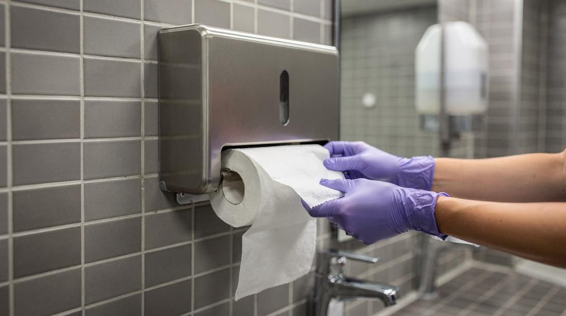 Office washroom restocked, paper towel roll being loaded, fittings polished