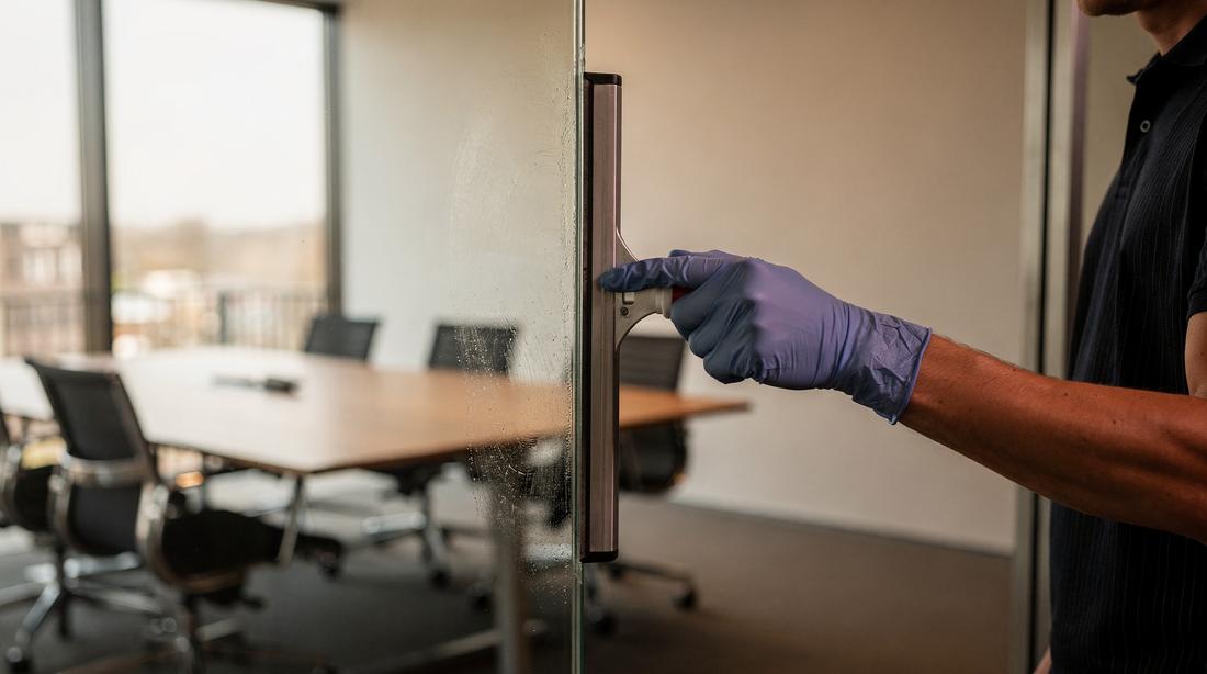 Glass meeting-room partition being squeegeed clear, fingerprints still visible on the untouched section