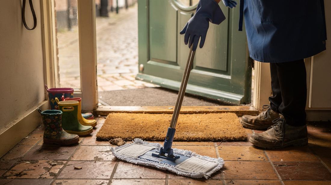 Hal met kinderlaarzen en een hondenlijn, de tegelvloer wordt gedweild
