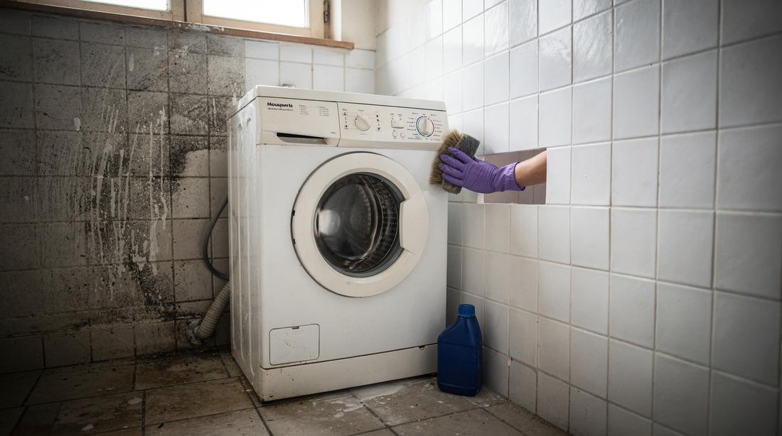 Wasruimtewand achter de wasmachine, half nog grijs van oude aanslag en half teruggeschrobd naar wit