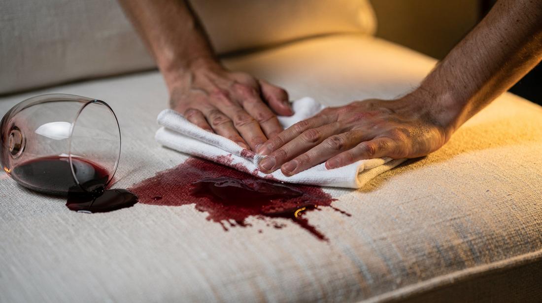 Handen drukken een gevouwen witte doek op rode wijn die op een lichte linnen bankkussen is gemorst