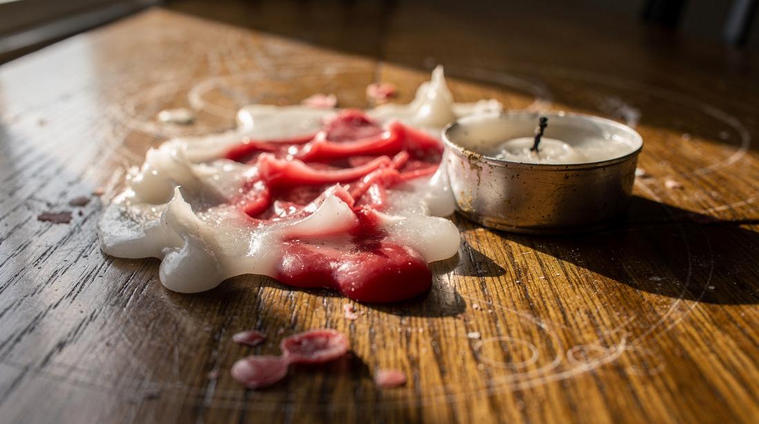 Uitgeharde kaarsvet op een eiken eettafel naast een opgebrand waxinelichtje