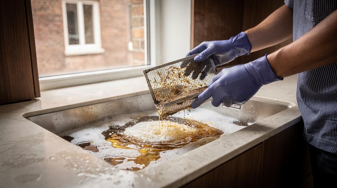Greasy metal extractor-hood filter being lowered into a sink of hot soapy water