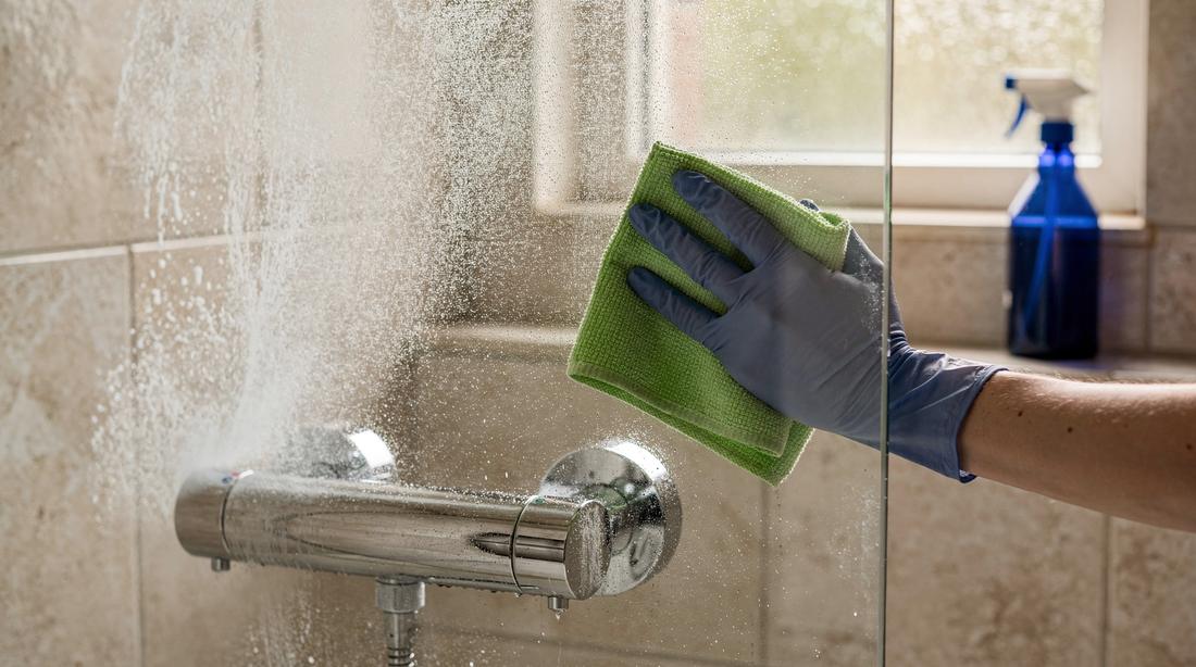 Shower screen half clouded with limescale and half wiped clear with a green microfibre cloth