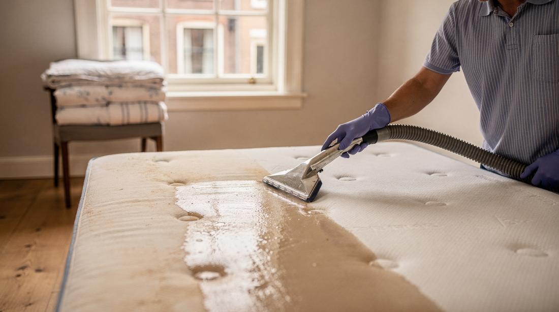 Bare mattress being cleaned with an extraction wand, a cleaner damp stripe emerging across the fabric