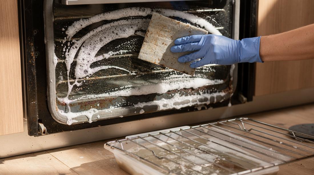 Oven met open deur en verwijderde roosters, ontvetter schuimt op het zwartgeblakerde binnenglas