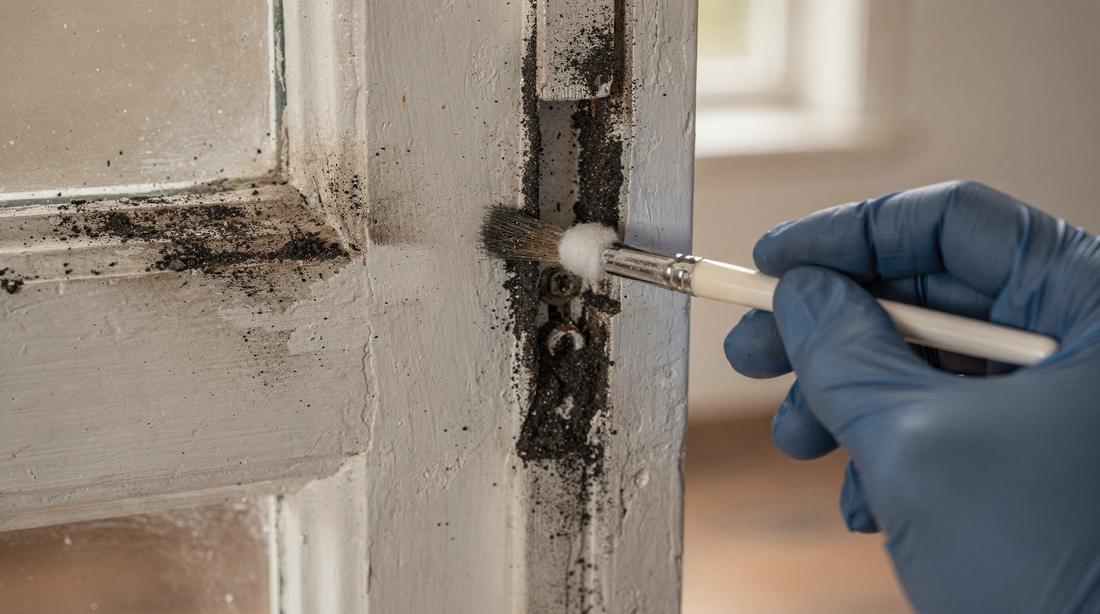 Sluitgleuf van een raam wordt met een smal borsteltje gedetailleerd; aan één zijde nog gruis, aan de andere schoon