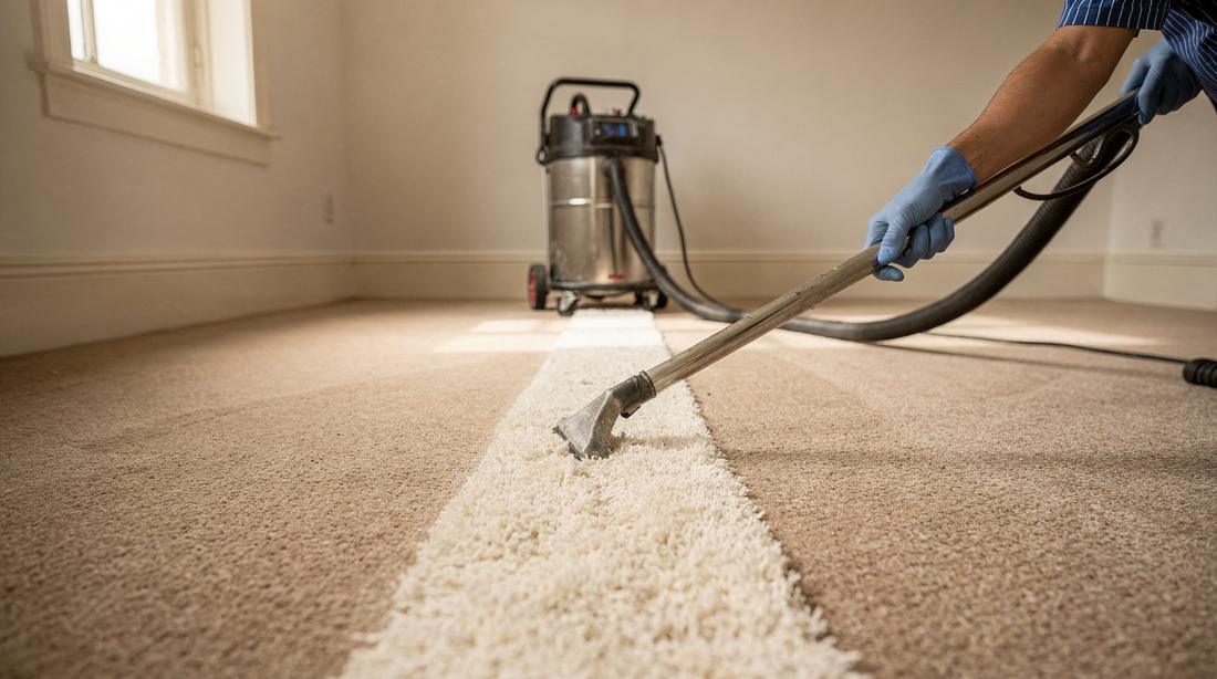 Vaste vloerbedekking in een lege slaapkamer wordt geëxtraheerd; één lichte schone baan tegen de matte pool