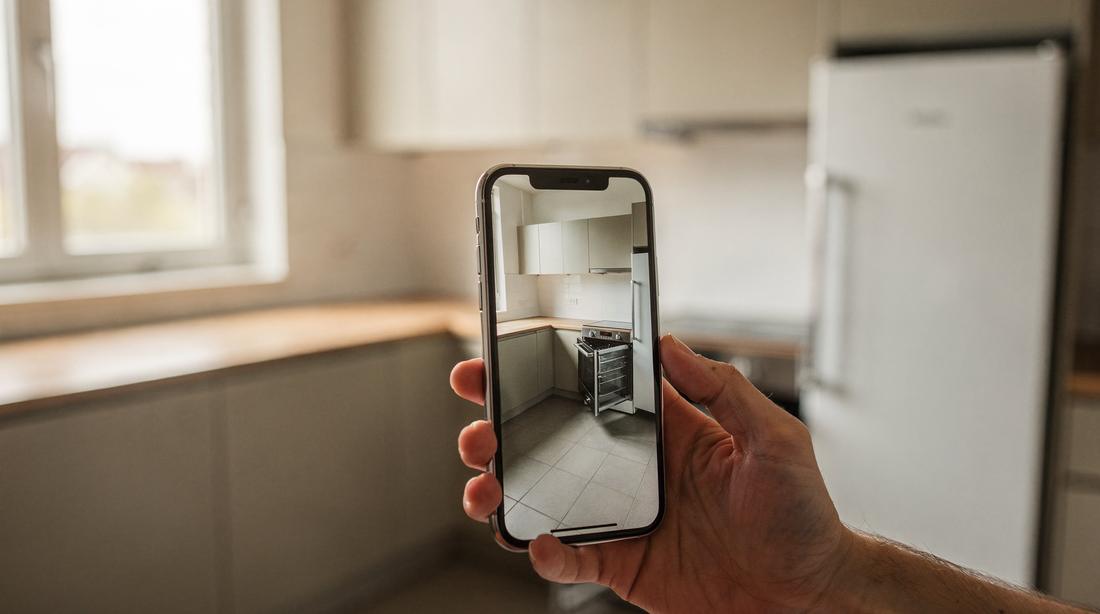 Telefoon fotografeert een brandschone lege keuken als bewijs bij oplevering