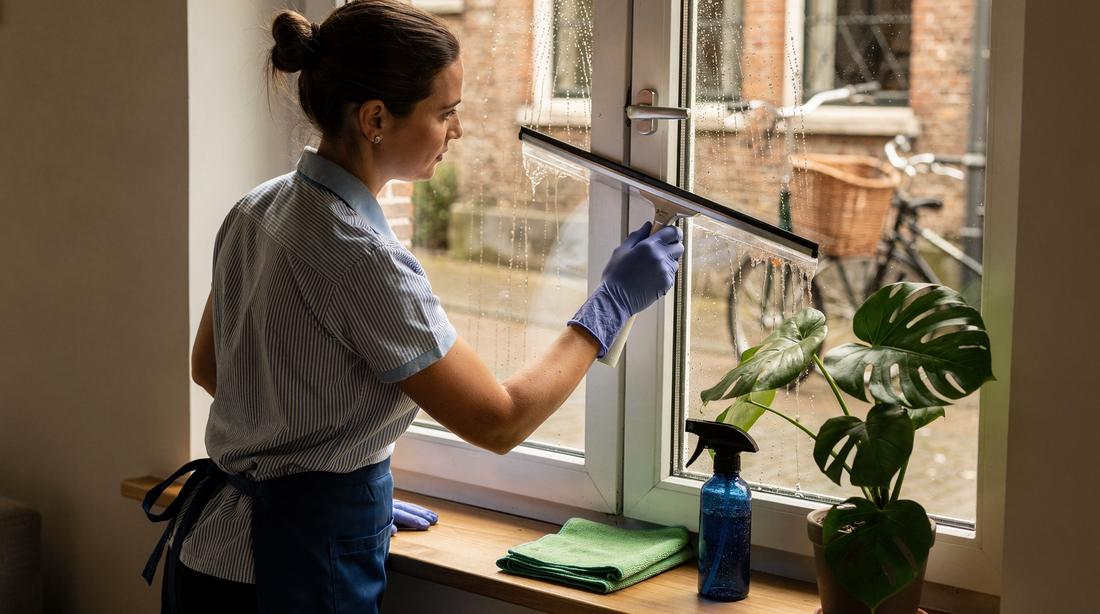 Trekker wordt langs de binnenzijde van het glas gehaald, het water loopt schoon van de ruit