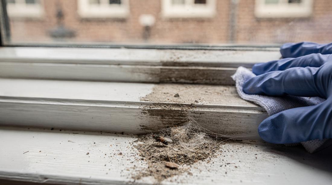 Vensterbank en sponning worden afgenomen, gruis en een spinnenweb op de doek