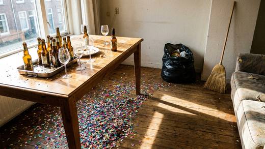 Opruimen na een feest: glazen verzameld, confetti half geveegd