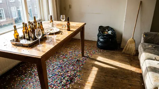 The morning after: glasses, bottles and confetti across a dining table