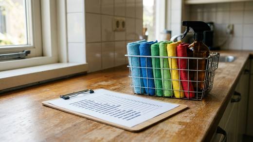 Checklist per ruimte op een klembord naast kleurgecodeerde microvezeldoeken