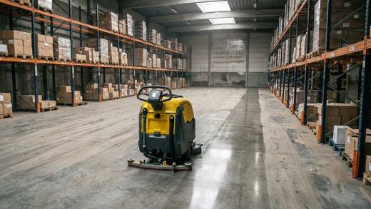 Loopschrobmachine trekt een schone baan door de magazijnvloer